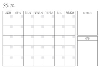 Blank Monthly Calendar Template. Vector calendar. Week starts sunday. Calendar template in minimal design