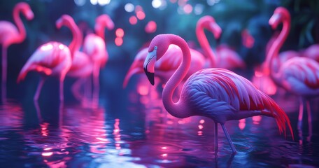Vibrant flamingos in dreamy pink atmosphere
