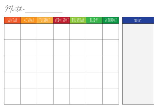 Blank Monthly Calendar Template. Vector calendar. Week starts sunday. Calendar template in minimal design