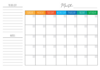 Blank Monthly Calendar Template. Vector calendar. Week starts sunday. Calendar template in minimal design