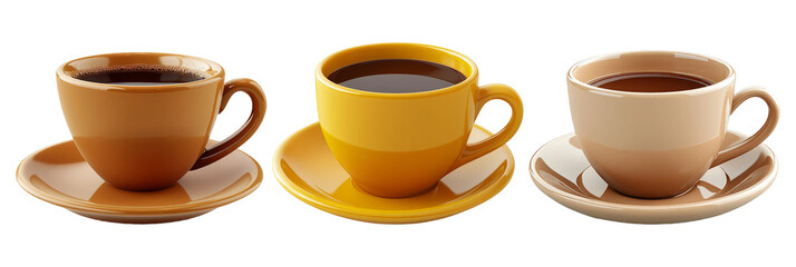 Three Elegant Coffee Cups in Shades Of Brown With Transparent Background