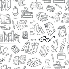 books, reading doodles seamless pattern for backgrounds, wallpaper, prints, coloring pages, scrapbooking, stationery. Back to school theme. EPS 10
