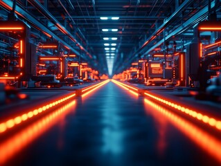 Industrial architecture, smart factory infrastructure, interconnected systems, digital interfaces, neon-lit control hubs