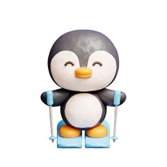 3D cute penguin with ski, cartoon animal character, 3D rendering.