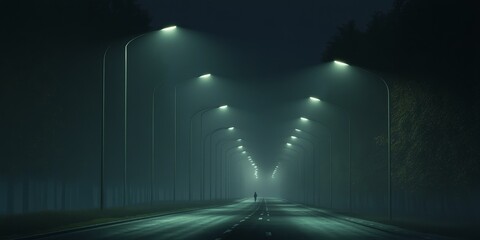 A lone figure walks down a foggy, lamp-lit street. - Powered by Adobe