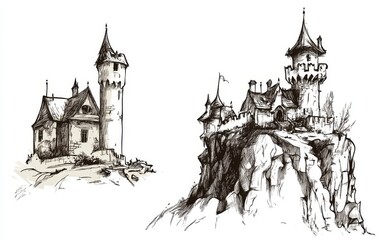 Obraz premium A graphic set of castles in Crimea. Illustration of the Swallov's Nest and the Vorontsov Palace in a modern style