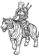 Line drawing of a female knight in plate armor with curly hair and a huge lance astride a wolf that stares curiously at the viewer.