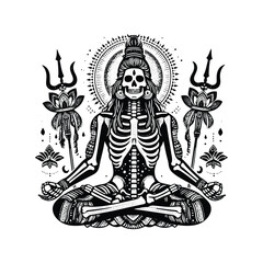 hindus Brahma skeleton with bohemian decoration decoration in black and white illustrations, cutout graphic