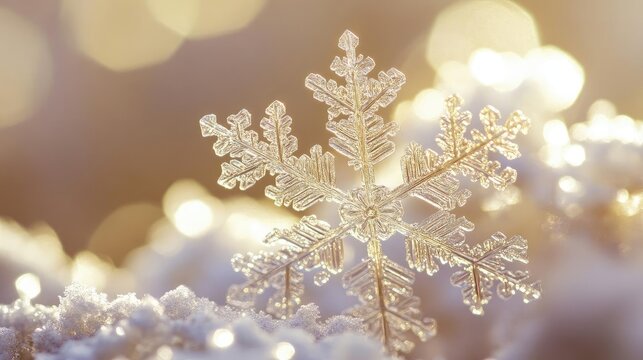 A delicate snowflake resting on soft snow, illuminated by gentle sunlight, creating a magical winter wonderland atmosphere.