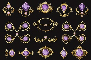 Stylish fantasy gold frames for UI design. Modern cartoon set of empty square banners with fancy golden borders in medieval style and purple gems isolated on black.