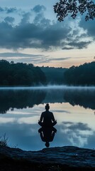 A person is sitting in a meditative pose at the edge of a calm lake during the early morning or sunset. The individual is silhouetted against the reflective surface of the water, which mirrors the sky