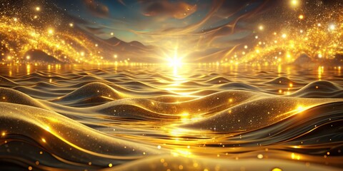 Dazzling Aqueous Dreamscape a stunning 3D graphics representation of luminous gold waves and shimmering light accents that evoke a sense of wonder and refinement