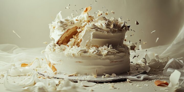 White cake crumbling on a white surface.