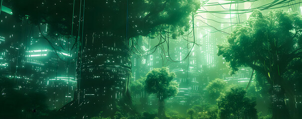 Obraz premium eco-friendly future city with big tree-lined environment with green neon light atmosphere. Sustainable green building. Eco-friendly building. greencity banner