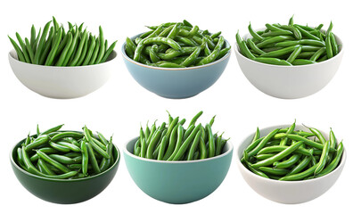 Assorted bowls filled with fresh green beans isolated on transparent background