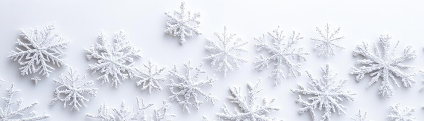 Obraz premium A delicate arrangement of snowflakes on a soft white background, capturing the beauty of winter's chill and tranquility.