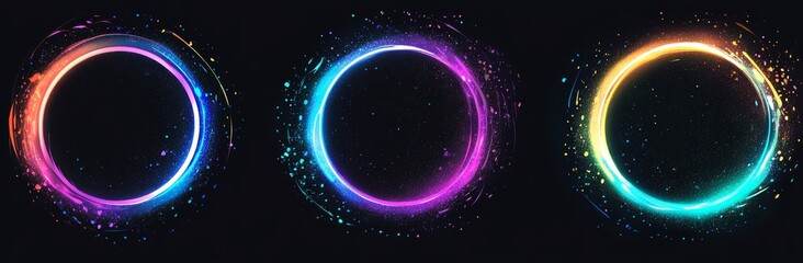 Obraz premium Optical technology concept consisting of glowing neon circles with wavy dynamic lines on a black background