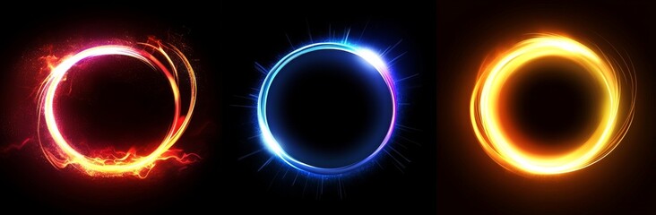 Isolated on black background, glowing neon color circles with wavy dynamic lines in a round smoke shape. Technology concept.
