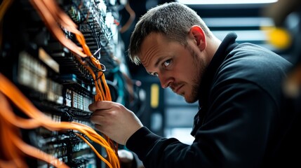 A technician adjusts cables in a server room, focused on network hardware, surrounded by organized wiring and technology.