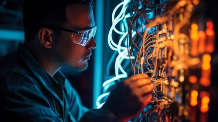 A focused technician adjusts intricate wires in a dimly lit environment, highlighting the art of electronic engineering and technology.