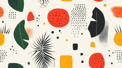 seamless pattern, Vibrant abstract pattern featuring colorful shapes and leaves, perfect for modern design projects and creative backgrounds.