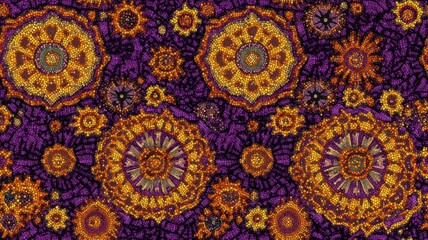 seamless pattern, Vibrant floral pattern featuring intricate mandalas in purple and gold hues, perfect for textile or decorative design.