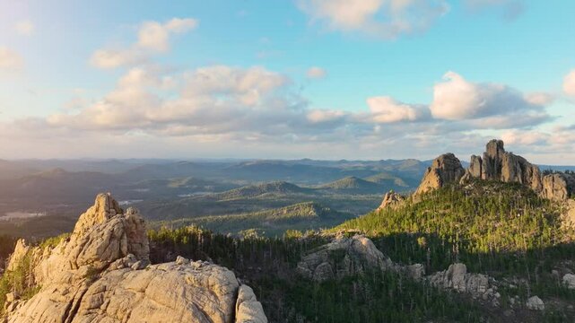Aerial of the amazing landscape of the Black Hills in South Dakota at sunset.