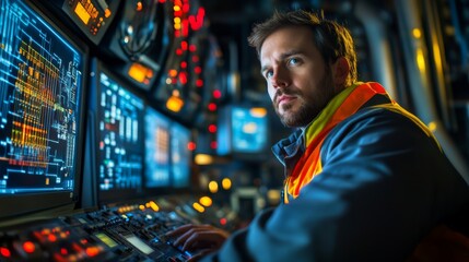 Obraz premium A focused technician monitors advanced screens filled with data and controls in a high-tech environment, illustrating precision and concentration.