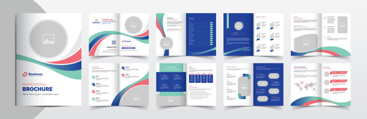 Creative corporate company business brochure template layout design, 16 pages brochure design with blue and pink color accents, Simple and clean company profile brochure template design