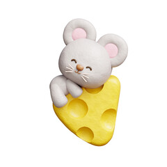 3D cute rat with cheeses, cartoon animal character, 3D rendering.