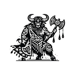 Minotaur creature holding axe with bohemian decoration decoration in black and white illustrations, cutout graphic