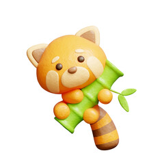 3D cute red panda with bamboo, cartoon animal character, 3D rendering. © Yothaka