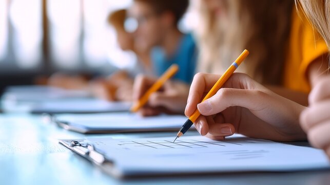 Students engaged in writing on paper with pencils at a desk, showcasing concentration and learning environment.