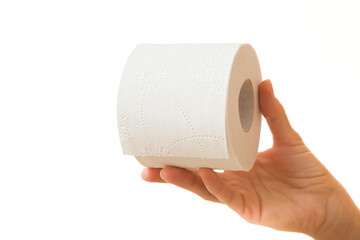 Young adult woman hand holding new soft white toilet paper roll isolated on white background. Closeup. Front view.