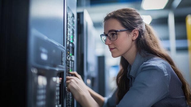 A woman in glasses works on a server, adjusting components in a data center, showcasing a tech-savvy environment.