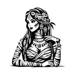 Naklejka premium mummy female with bohemian decoration decoration in black and white illustrations, cutout graphic