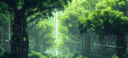 Obraz premium eco-friendly future city with big tree-lined environment with green neon light atmosphere. Sustainable green building. Eco-friendly building. greencity banner