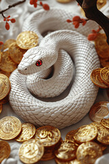 Fototapeta premium A white snake on a pile of gold coins. Concept design for the Year of the snake 