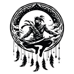 Obraz premium ninja male with bohemian decoration in black and white illustrations, cutout graphic e