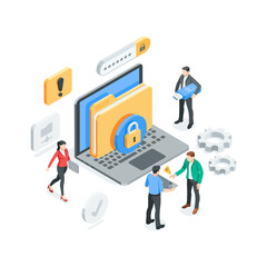 isometric vector business people near laptop with folder and lock, in color on white background, data protection or digital key
