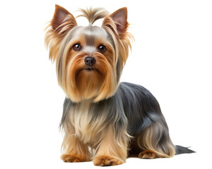 Adult blue gold Yorkshire terrier dog, sitting up facing front Looking towards camera. Isolated on a white background.