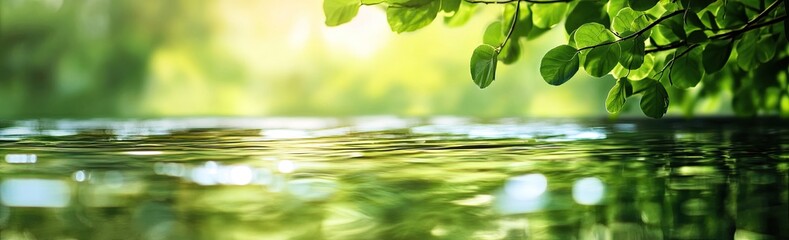 Tranquil River Reflection with Green Leaves and Sunlight