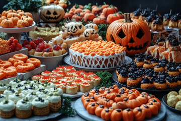The table is adorned with a variety of Halloween-themed desserts including pumpkins, spooky decorations, and an array of colorful sweets perfect for the season