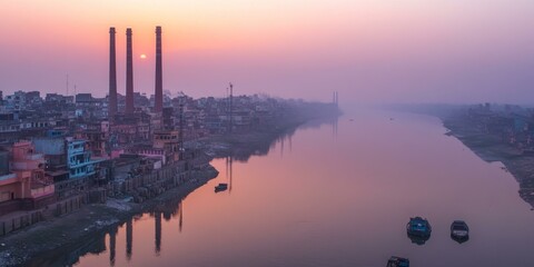 Obraz premium Sunset over a river city with two chimneys.