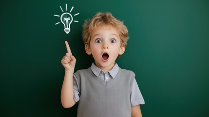 Curious child pointing upwards as a lightbulb icon appears, representing a moment of realization or learning.