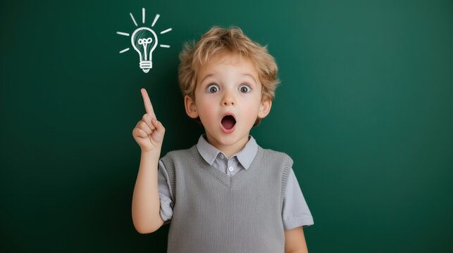 Curious child pointing upwards as a lightbulb icon appears, representing a moment of realization or learning.
