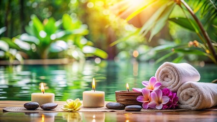 Obraz premium A tranquil spa setting with lit candles, rolled towels, and tropical flowers by the water. The image evokes relaxation, wellness, and serenity in a natural, tropical environment.