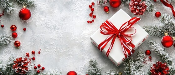 Christmas Gift with Festive Decorations and Snow