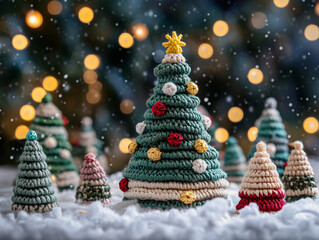 Obraz premium A charming and whimsical AI-generated image of a knitted Christmas tree decorated with handmade yarn ornaments and twinkling lights. 