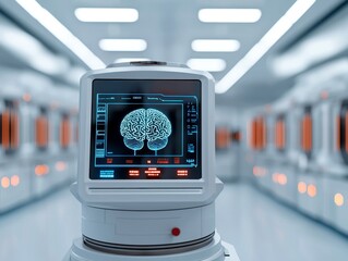 Futuristic machine analyzing brain waves to determine IQ score, blending technology with cognitive evaluation, intelligence quotient evaluation, futuristic IQ testing